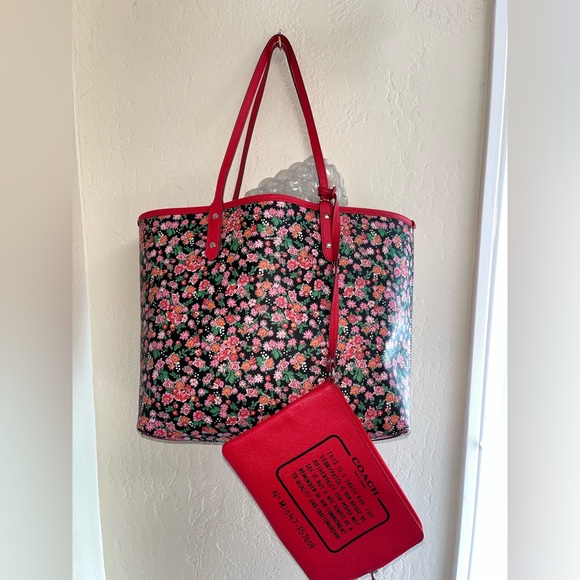 Coach Reversible Red and Pink Floral Tote Bag with wristlet. - Picture 2 of 16